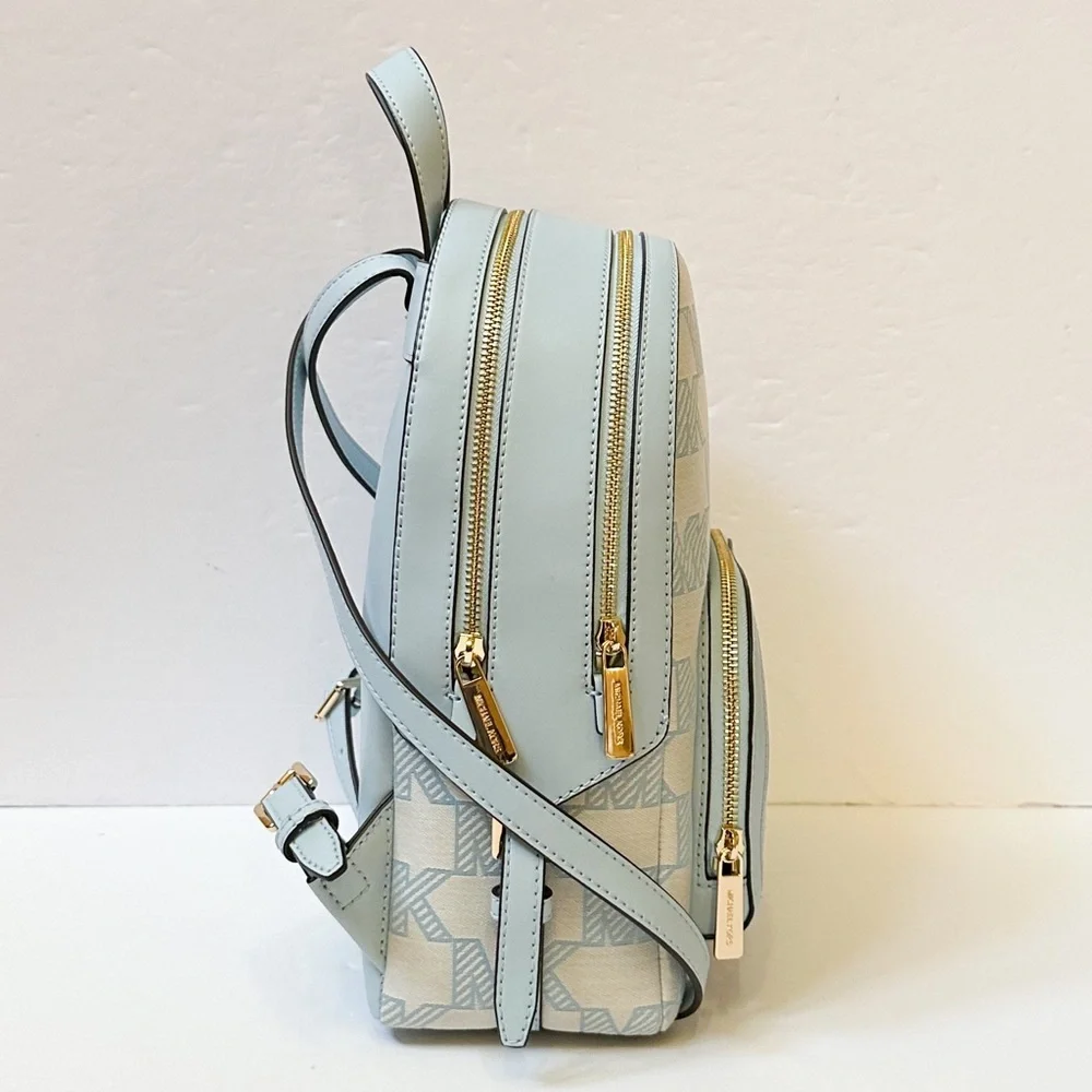Michael Kors JAYCEE Medium Zip Pocket Backpack Graphic Logo MK Beige Blue